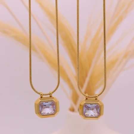 Gold-Coated Emerald Cut Crystal Pendant Necklace
