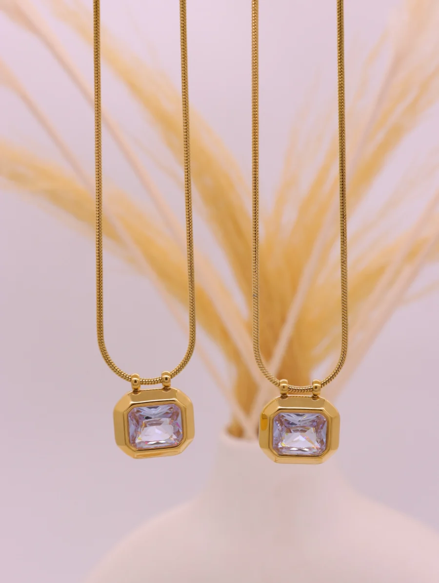 Gold-Coated Emerald Cut Crystal Pendant Necklace