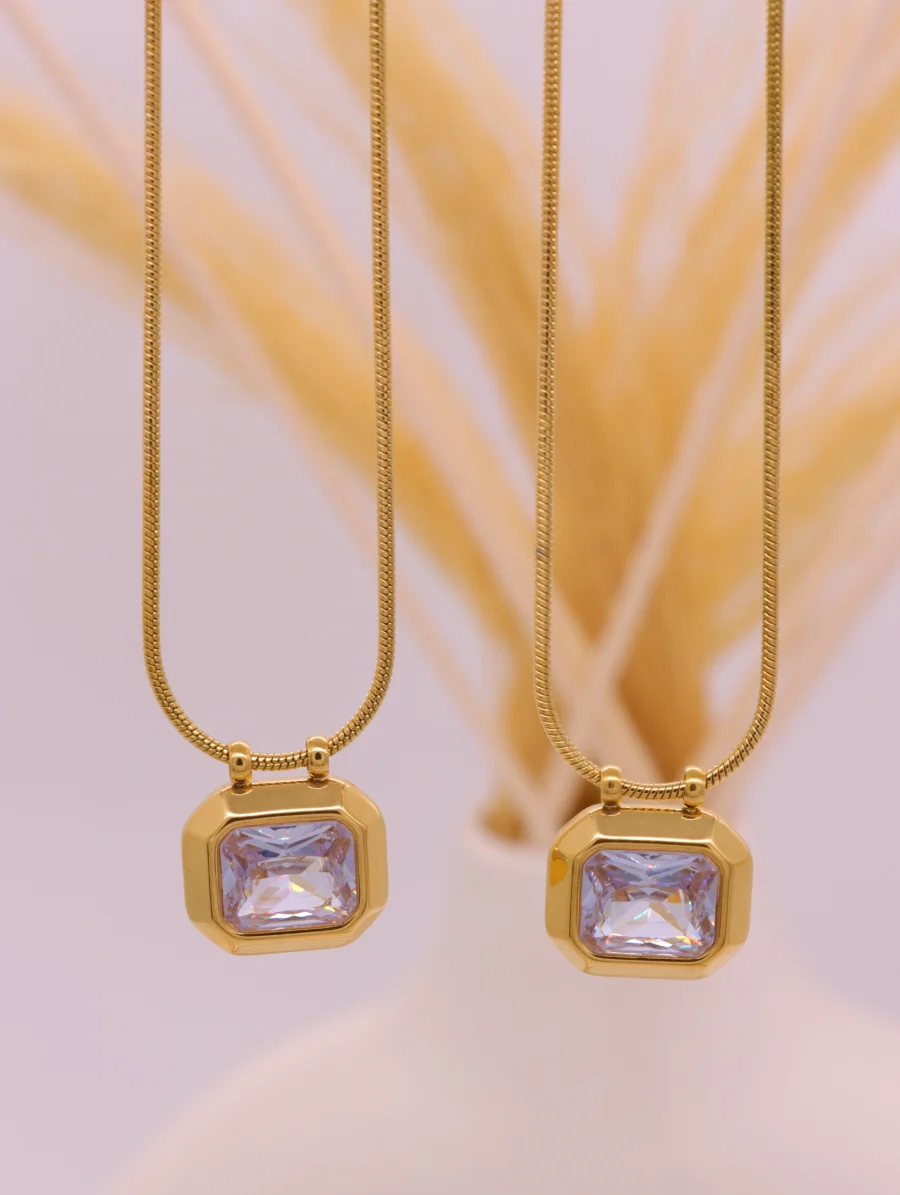 Gold-Coated Emerald Cut Crystal Pendant Necklace - Image 3