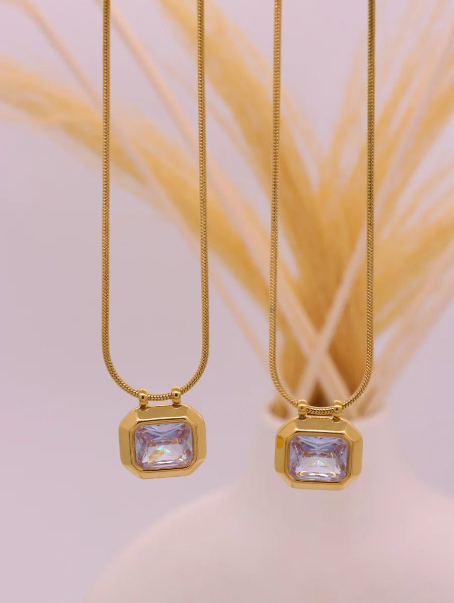 Gold-Coated Emerald Cut Crystal Pendant Necklace - Image 4