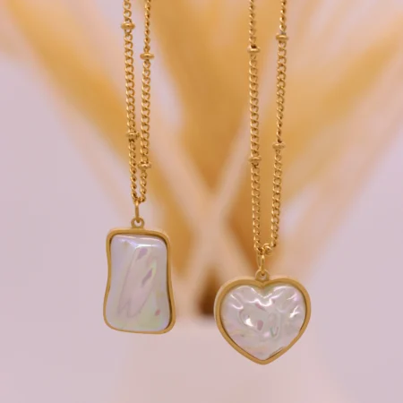 Luminous Pearl Heart & Rectangle Pendant Necklace Set