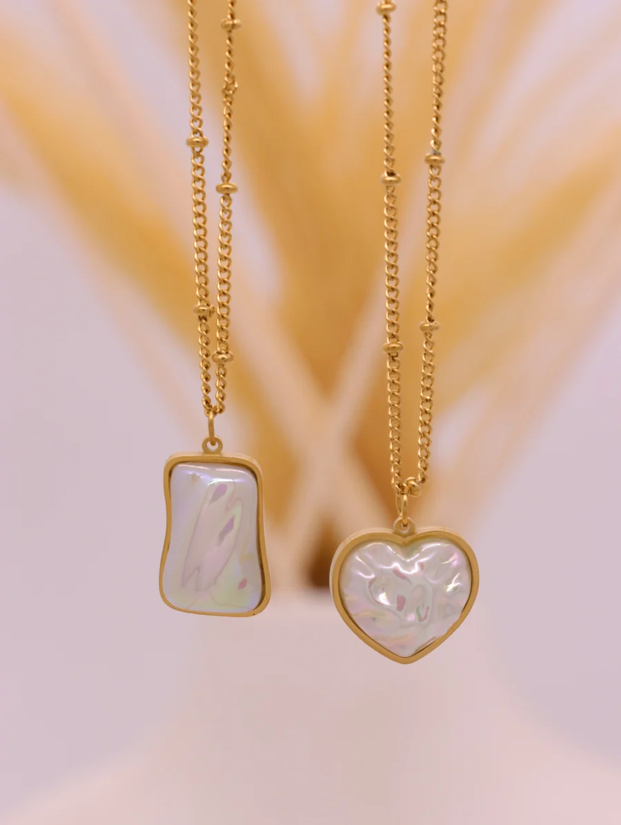 Luminous Pearl Heart & Rectangle Pendant Necklace Set