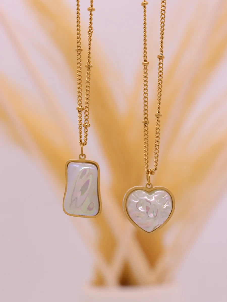 Luminous Pearl Heart & Rectangle Pendant Necklace Set - Image 3