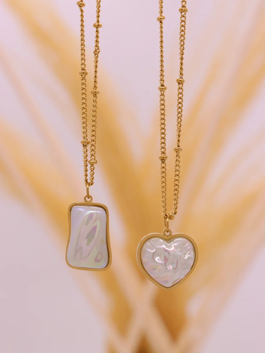 Luminous Pearl Heart & Rectangle Pendant Necklace Set - Image 2