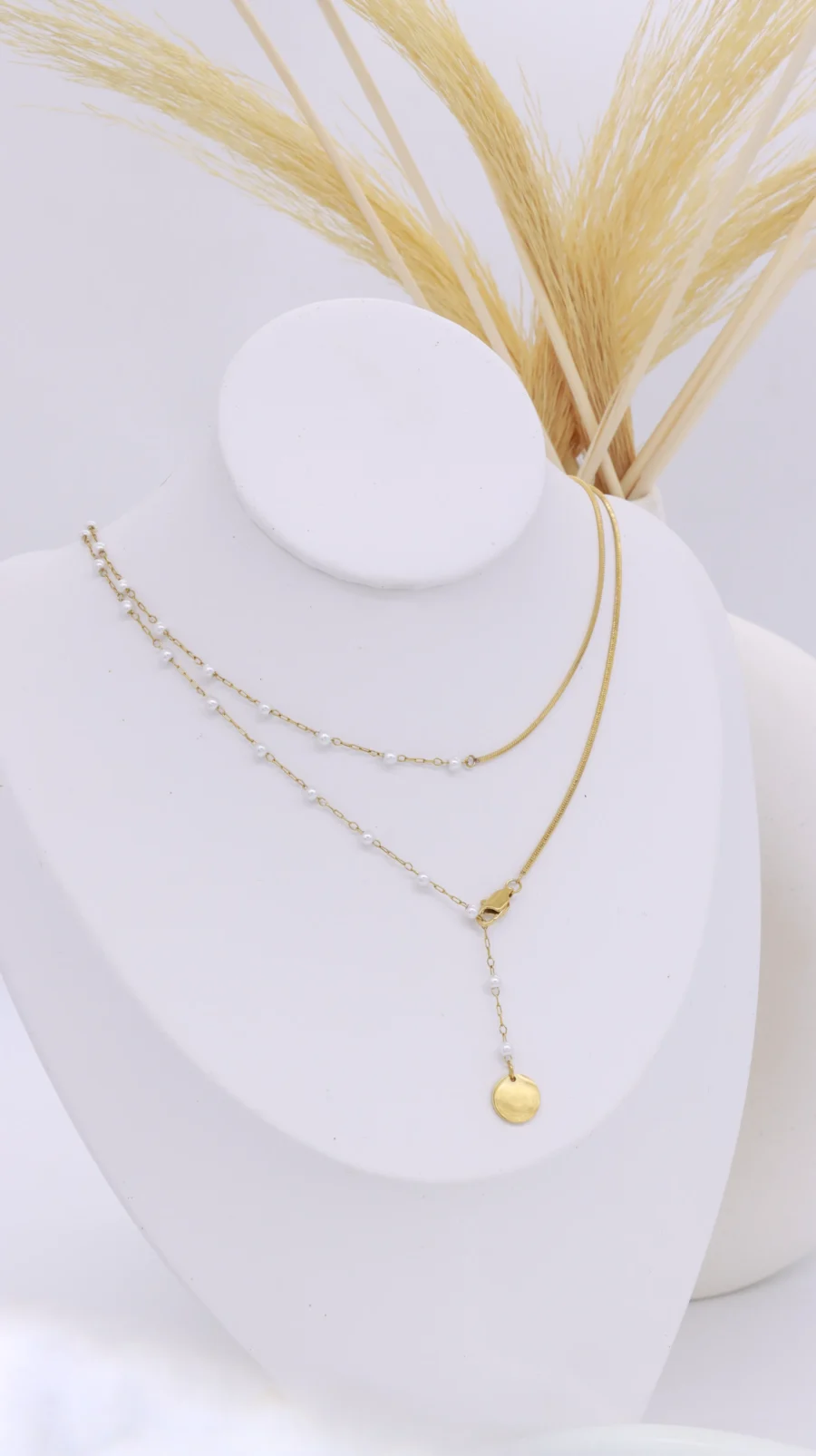 Layered Pearl Chain Lariat Necklace Set