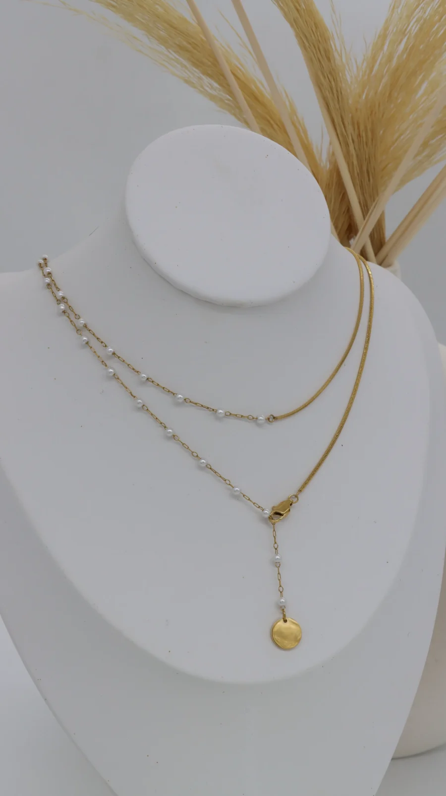 Layered Pearl Chain Lariat Necklace Set - Image 3