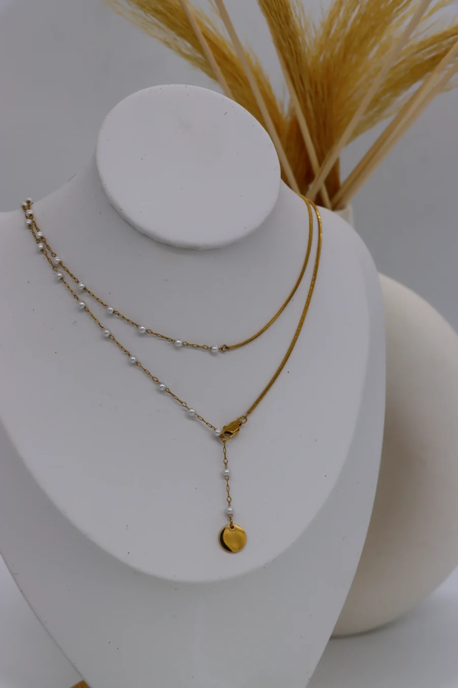 Layered Pearl Chain Lariat Necklace Set - Image 4