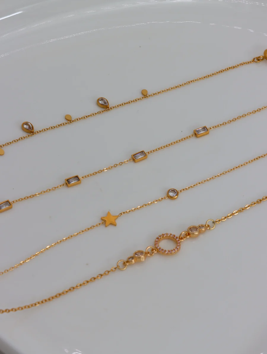 Golden Dainty Charm & Cubic Zirconia Bracelet Set