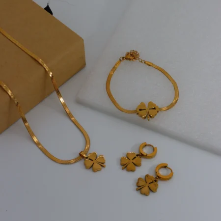 Gold Floral Jewelry Set – Elegant 3-Piece Necklace, Bracelet & Earring Ensemble
