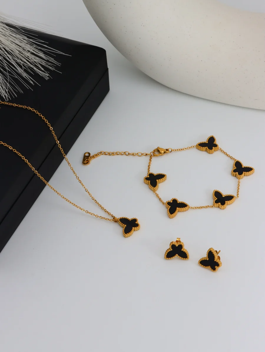 Black Butterfly Jewelry Set – Elegant 3-Piece Set with Necklace, Bracelet & Earrings