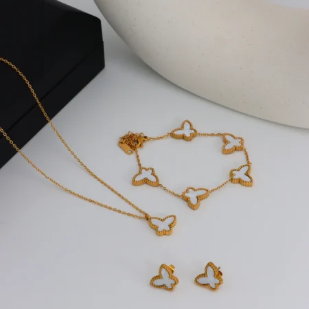 White Butterfly Jewelry Set – Elegant 3-Piece Set with Necklace, Bracelet & Earrings