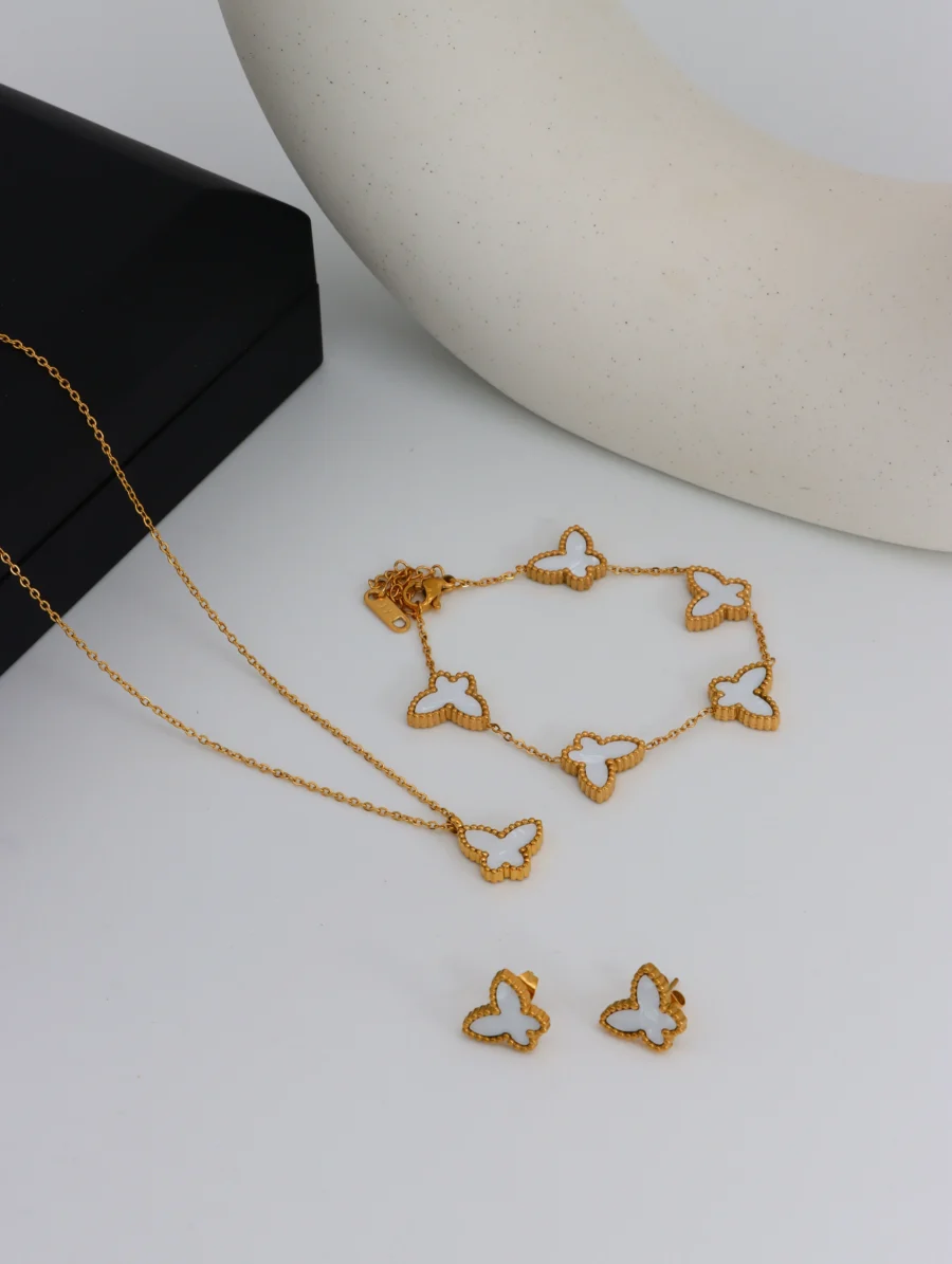 White Butterfly Jewelry Set – Elegant 3-Piece Set with Necklace, Bracelet & Earrings