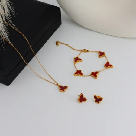 Red Butterfly Jewelry Set – Elegant 3-Piece Set with Necklace, Bracelet & Earrings