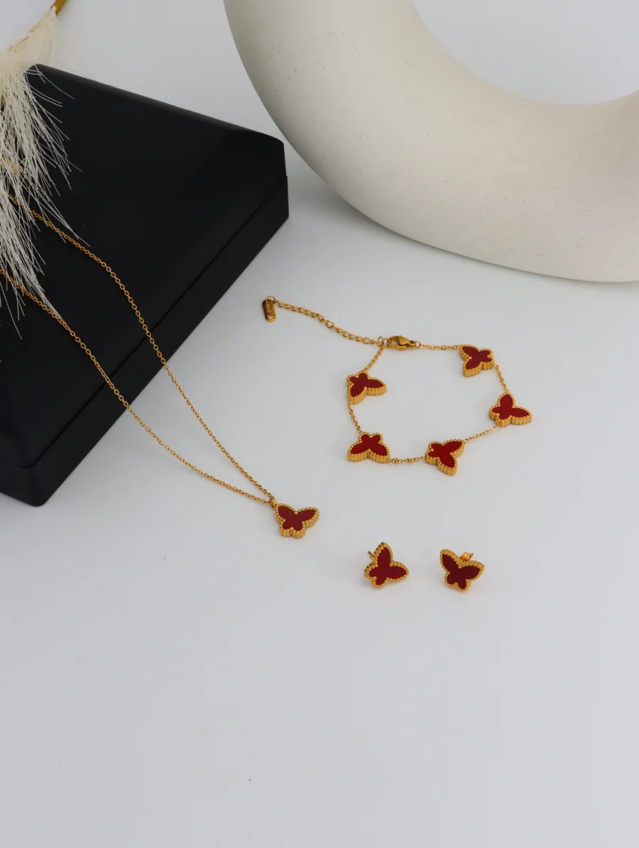 Red Butterfly Jewelry Set – Elegant 3-Piece Set with Necklace, Bracelet & Earrings