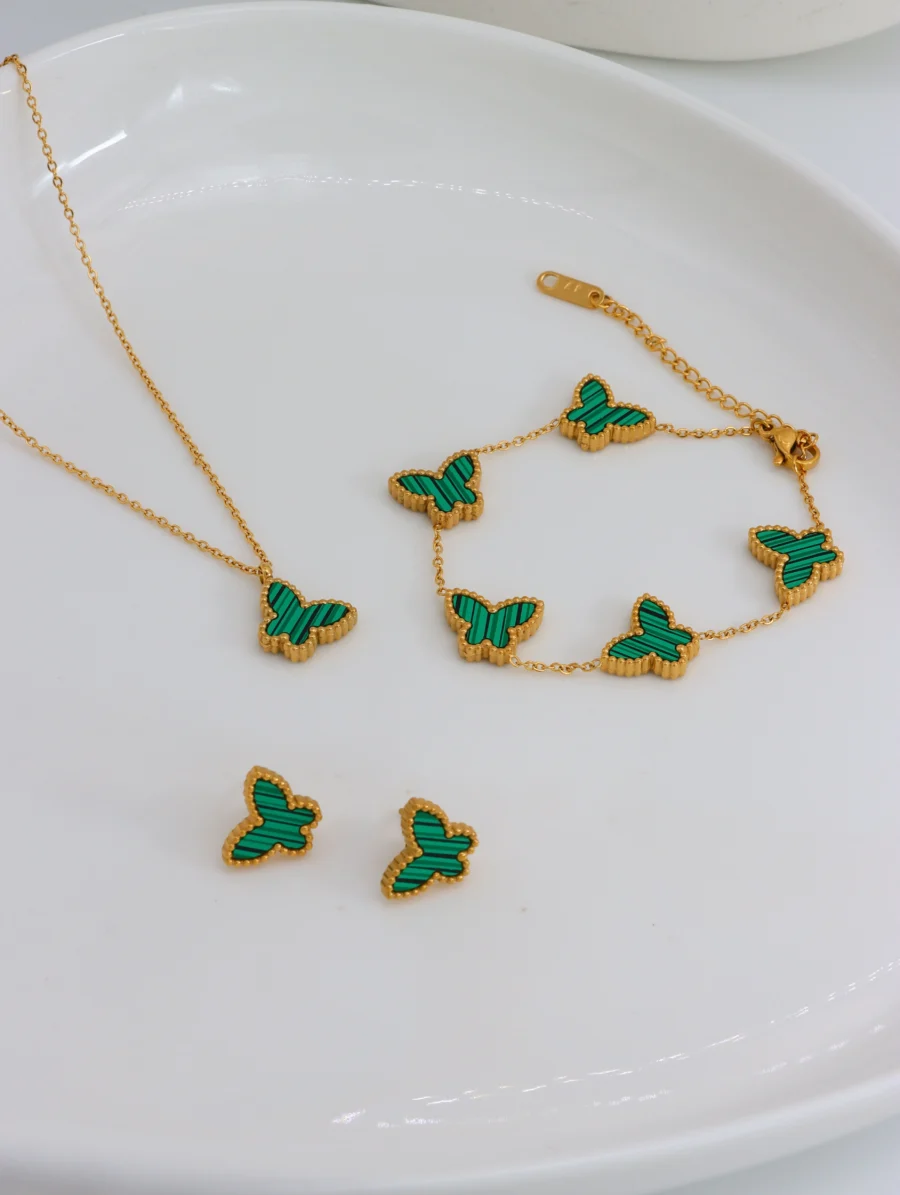 Green Butterfly Jewelry Set – Necklace, Bracelet & Earrings