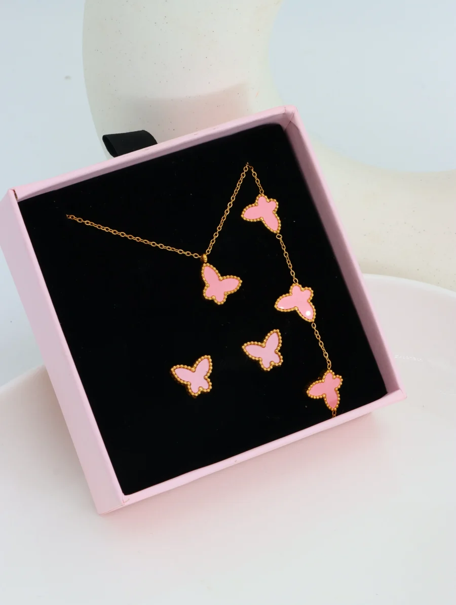 Pink Butterfly Necklace & Earring Set